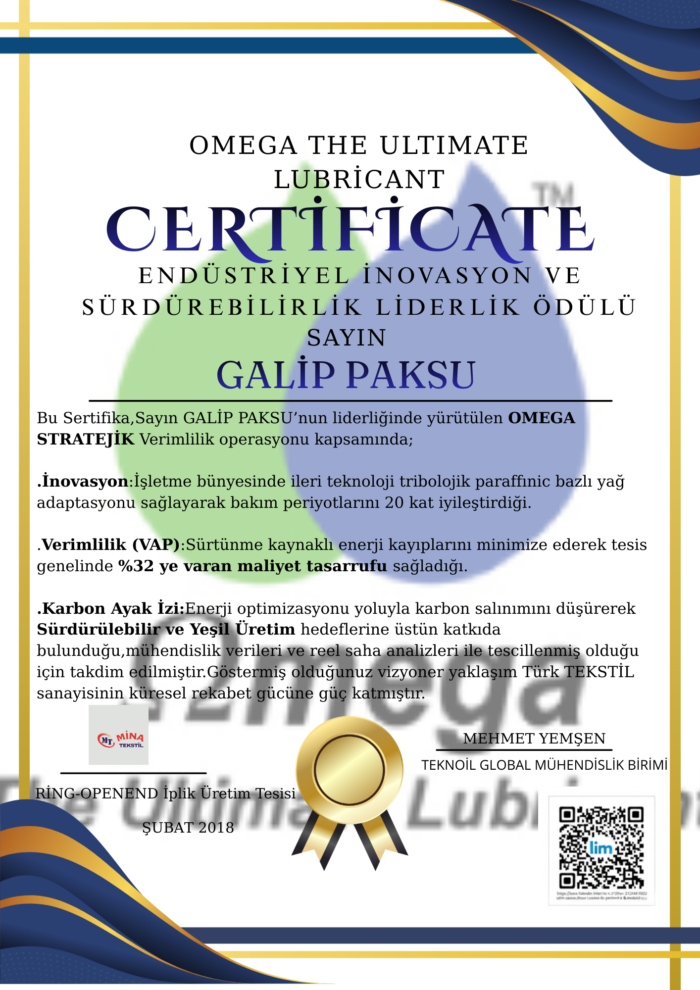 OMEGA 66 VAP PROJE SERTİFİKASI
