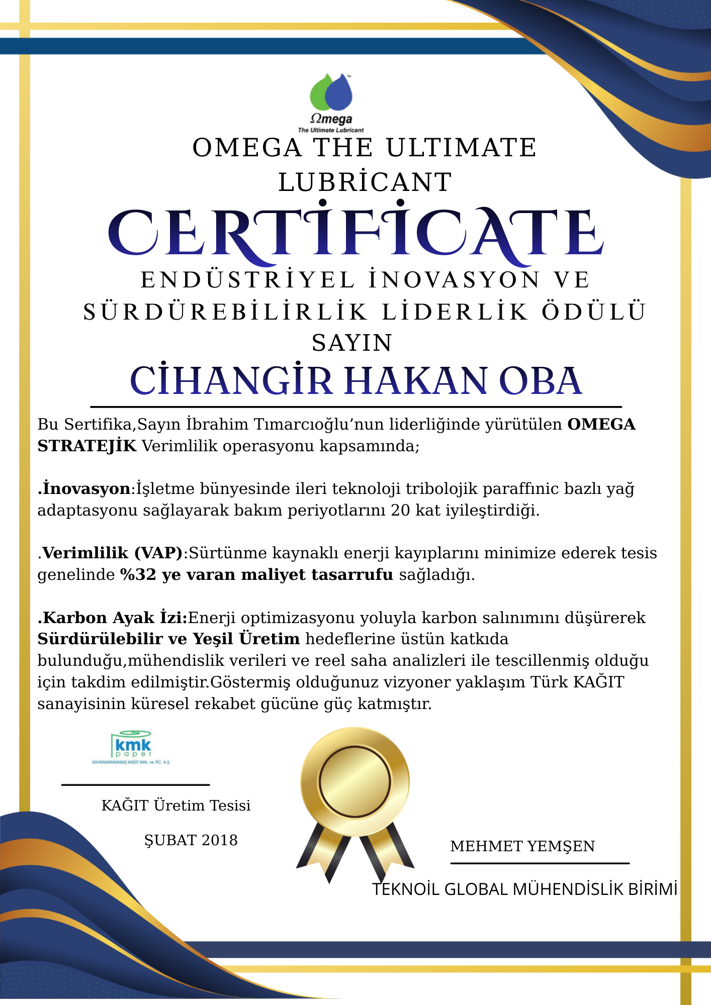 OMEGA 57 VAP PROJE SERTİFİKASI