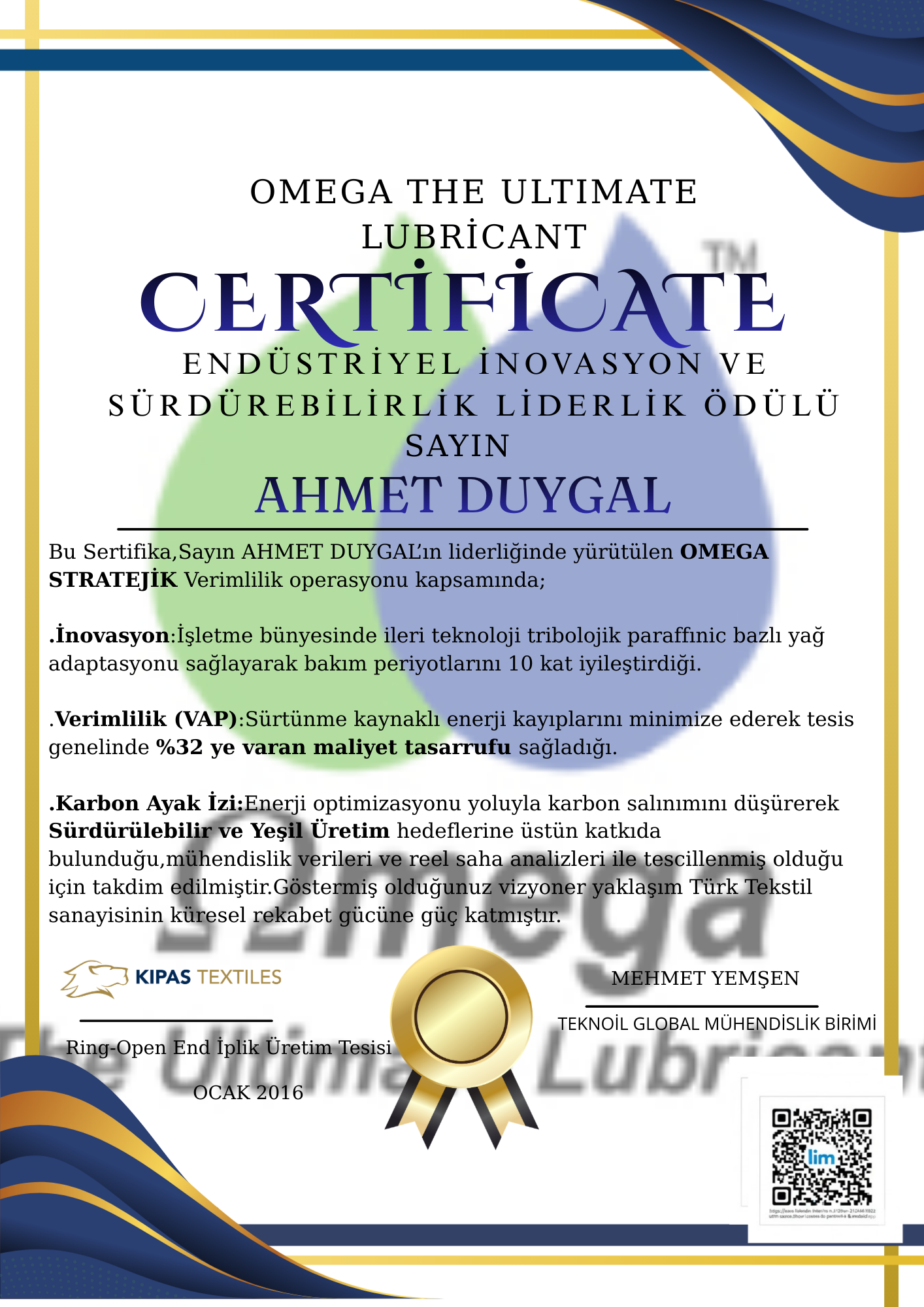 OMEGA 66 VAP PROJE SERTİFİKASI